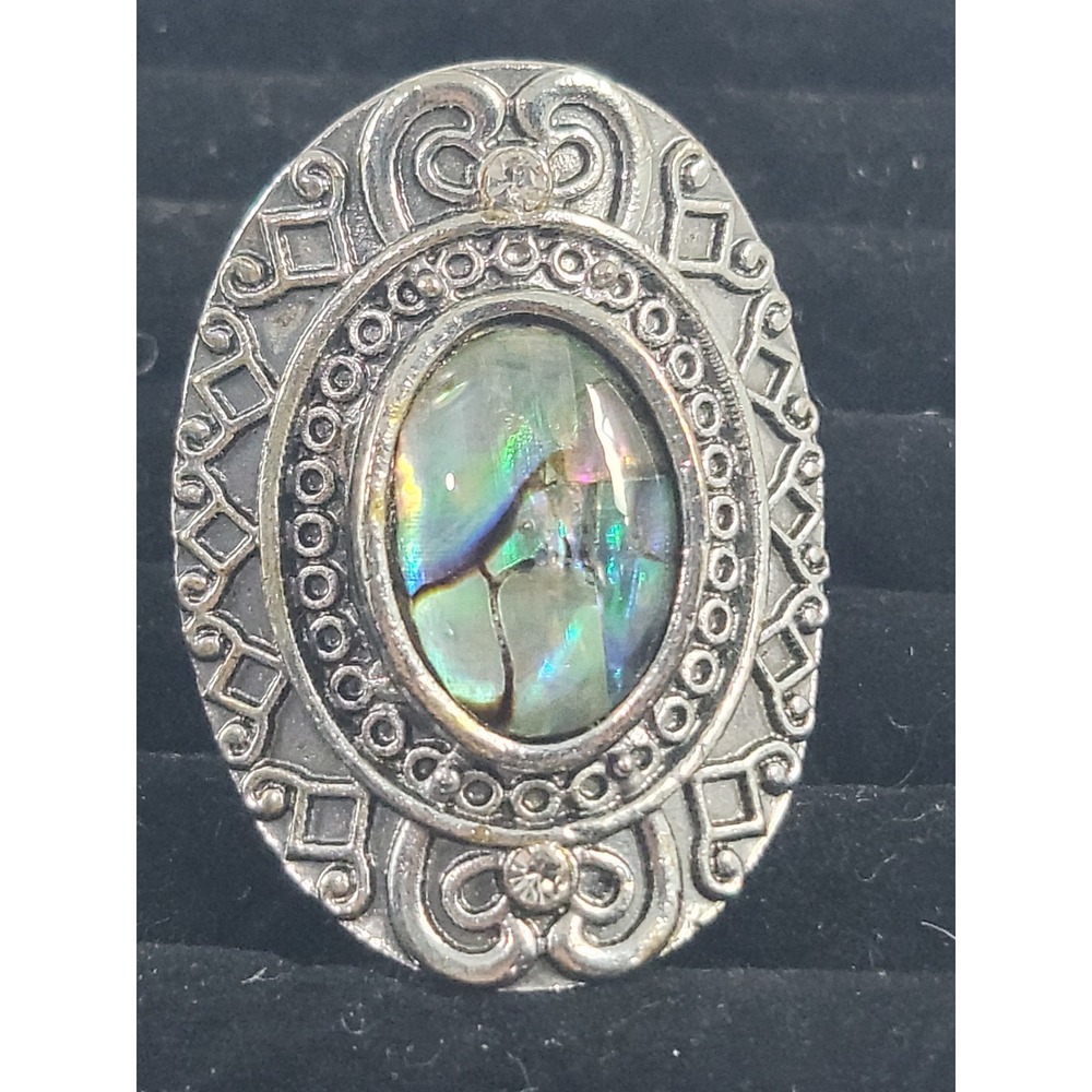 Silver Tone Abalone Shell Rhinestone Fashion Costume Ring Adjustable‎